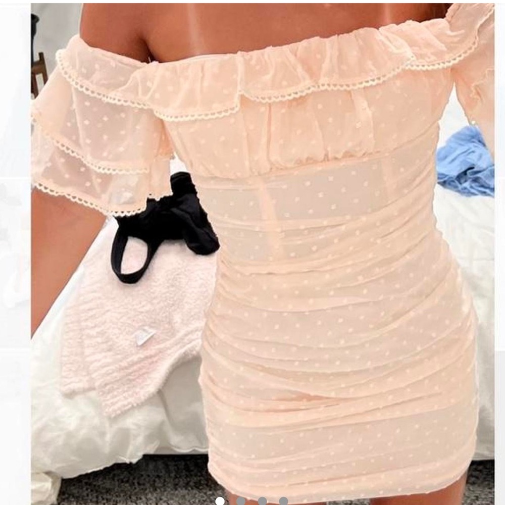 Hello Molly Light pink off the shoulder ruffle dress.